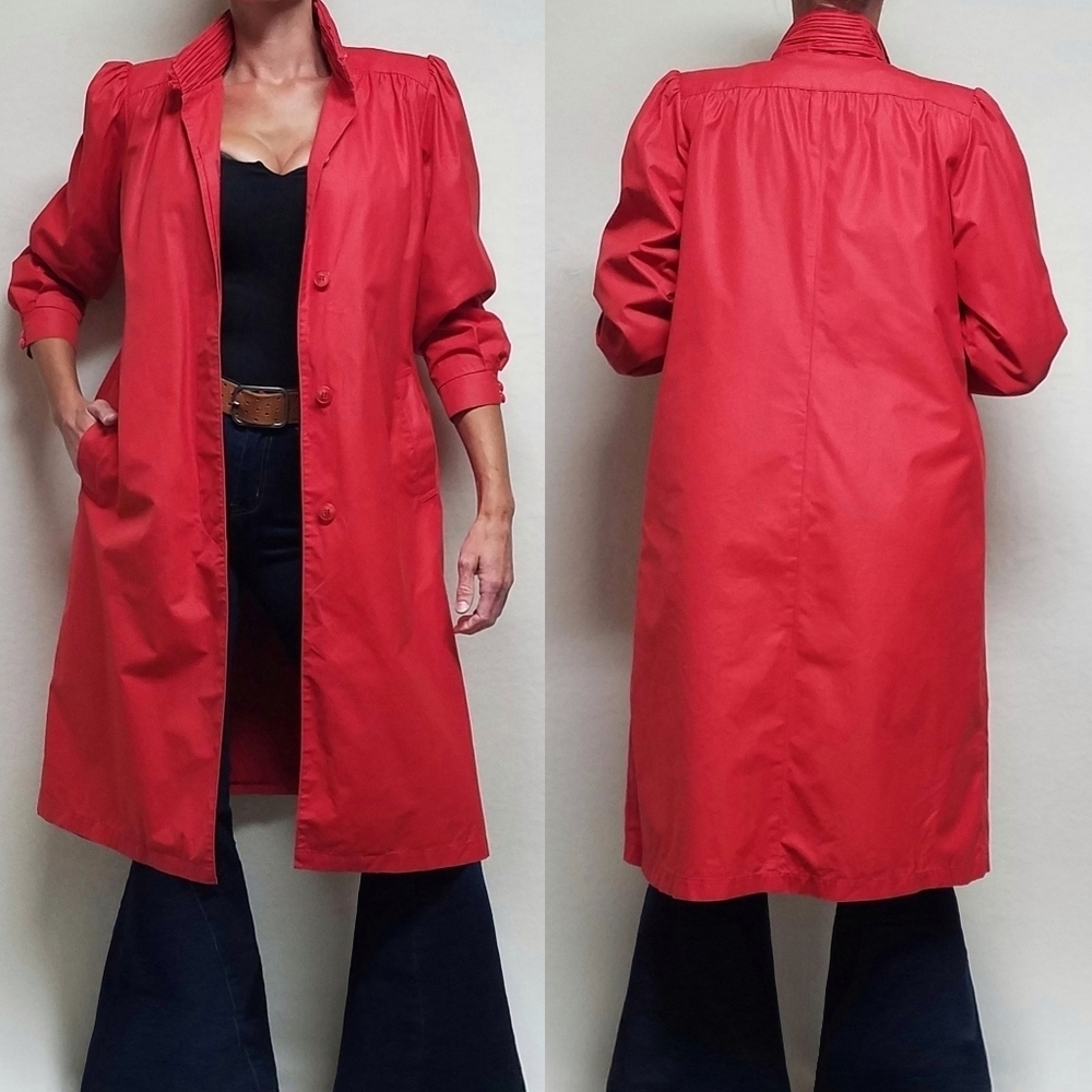 60s Vintage London Fog Apple Red Ruched Mockneck Lined Puff Sleeve Trench Coat M
